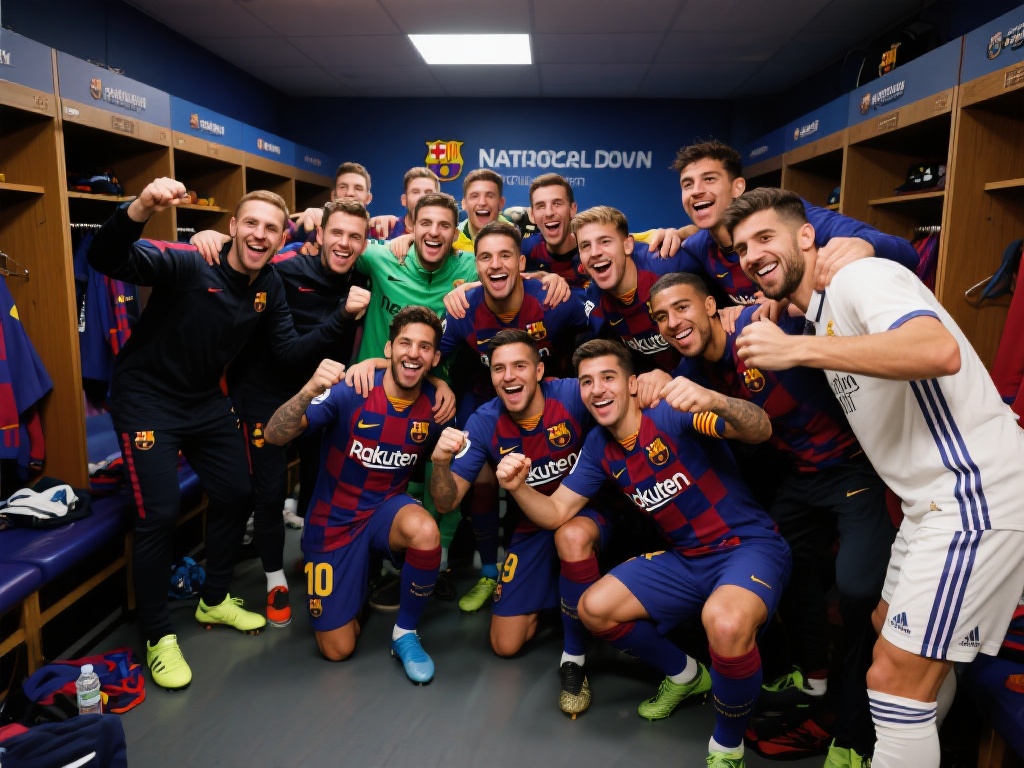 巴萨更衣室狂欢!国家德比胜利后球员齐聚合影庆功 在足球世界中,没有哪场比赛能像西班牙国家